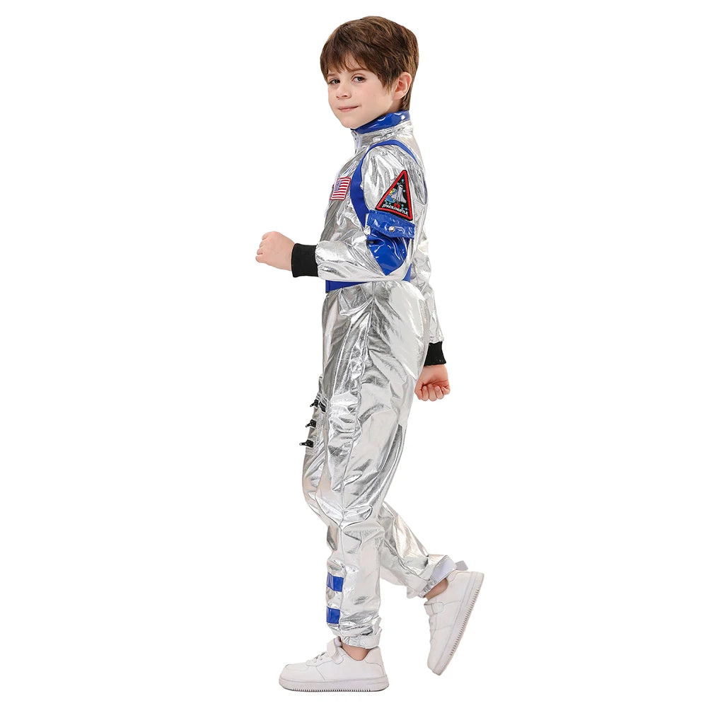 Kids Astronaut Costume Jumpsuit, Silver Space Explorer Outfit for Halloween, Carnival, Cosplay and Imaginative Dress-Up, Sizes 120–150