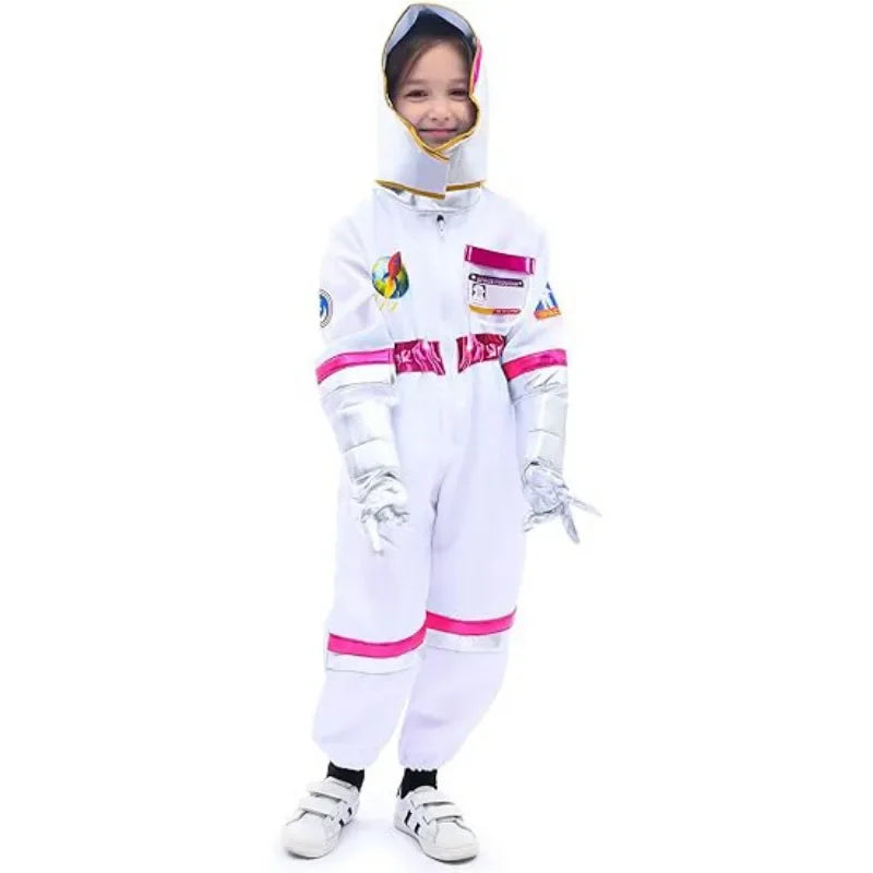 Space Explorer Costume for Kids with White Astronaut Jumpsuit, Space-Themed Patches and Metallic Trim Options for Halloween and Birthday Parties