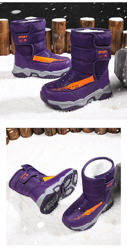 Kids Plush-Lined Winter Boots with Padded Shafts and Front Flap Closures, Pink or Purple Snow-Style Footwear for Boys and Girls