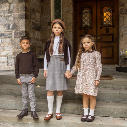 Brown Floral Sibling Matching Outfits with Cotton Girls Dresses and Baby Bloomer Sets, Coordinating Cardigans and Plaid Boys Pants or Overall Shorts