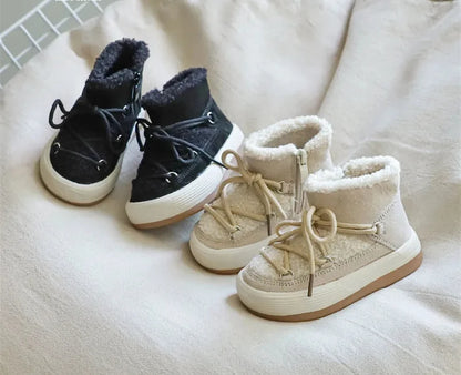 Toddler Plush Panel Lace-Up Boots with Rubber Soles and Cozy Cuffs, Beige, Black or Pink Winter Ankle Shoes for Boys and Girls, 12-15.5 cm Insoles