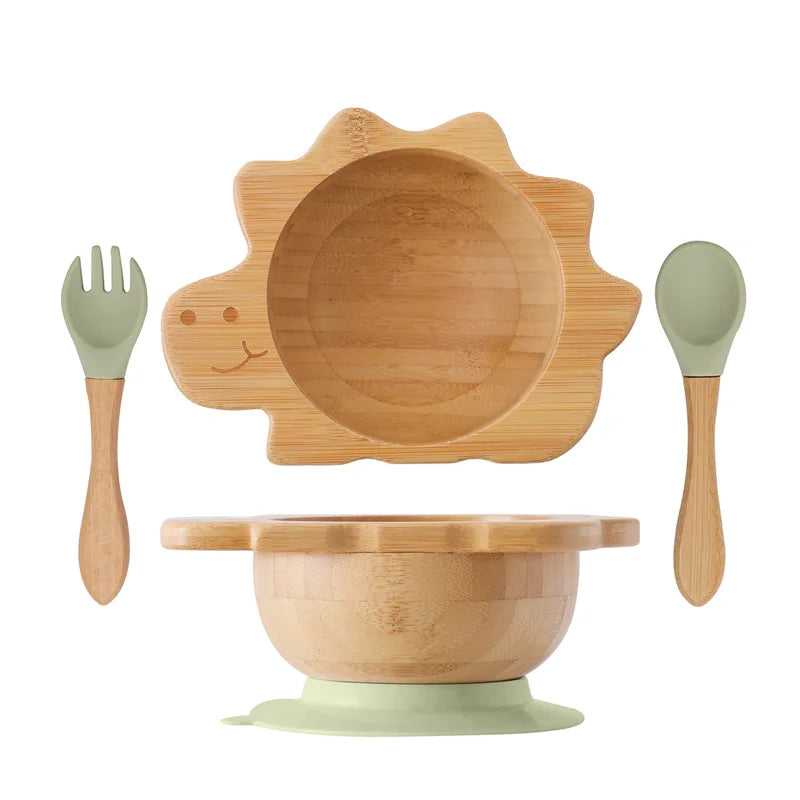 Bamboo Baby Suction Bowl and Tableware Options, Sun, Cloud and Dinosaur Designs with Single-Piece or 3-Piece Wooden-Handle Utensil Sets