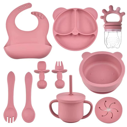 Silicone Suction Feeding Set, 10-Piece Panda Baby Tableware with Divided Plate, Bowl, Pocket Bib, Straw Cup and Two Utensil Pairs in Nine Colors