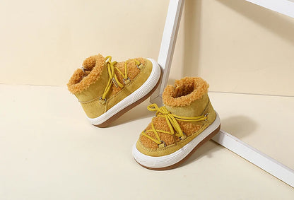 Toddler Plush Ankle Boots with Lace-Up Front, Rubber Soles and Fluffy Trim for Boys and Girls, Beige Black or Pink Cool-Weather Shoes