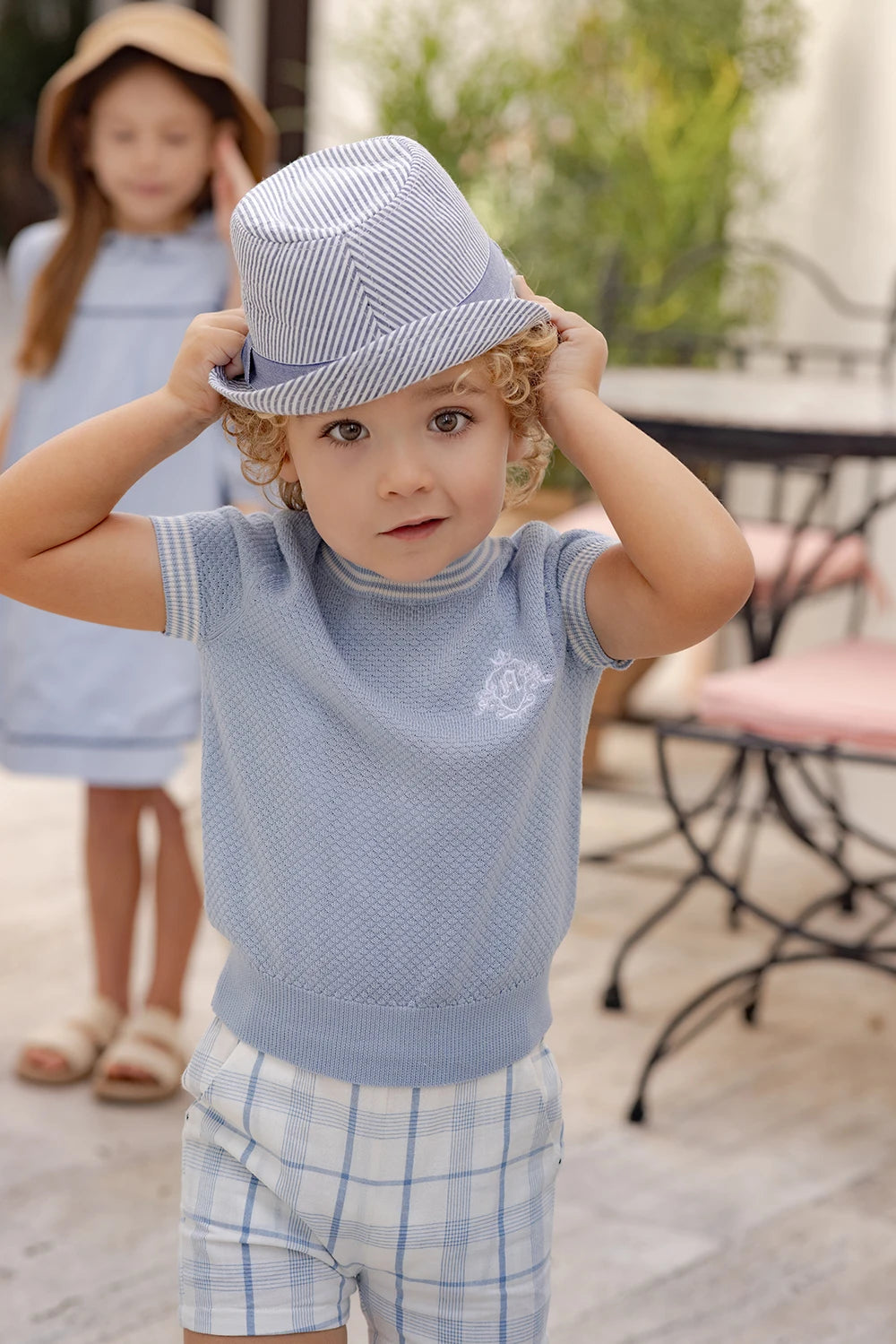 Light Blue Sibling Matching Outfits with Cotton Girls Collared Dresses, Baby Rompers and Boys Plaid Sets, Lyocell Knit Tops and White Separates