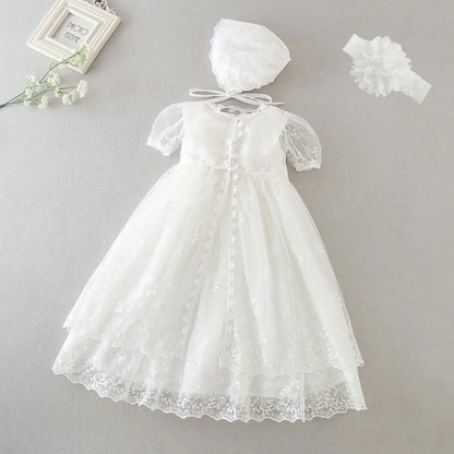 Baby Baptism Gown for Girls with Long Sleeves, Lace Details and Cotton Lining, Dress and Cap Set for Christening and First Birthday Photos