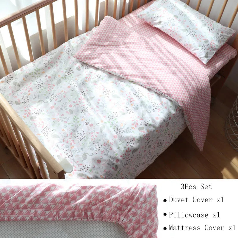 Cotton Toddler Bedding Set, 3-Piece Printed Duvet Cover and Pillowcase with Flat Sheet or Mattress Cover, Kids Room Bed Linens