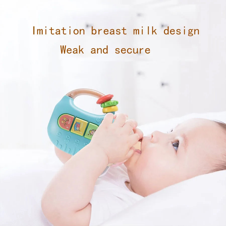 Bottle-Shaped Musical Baby Rattle with Light-Up Top, Three Picture Buttons and Colorful Handle Rings for Supervised Sensory Play and Gifts