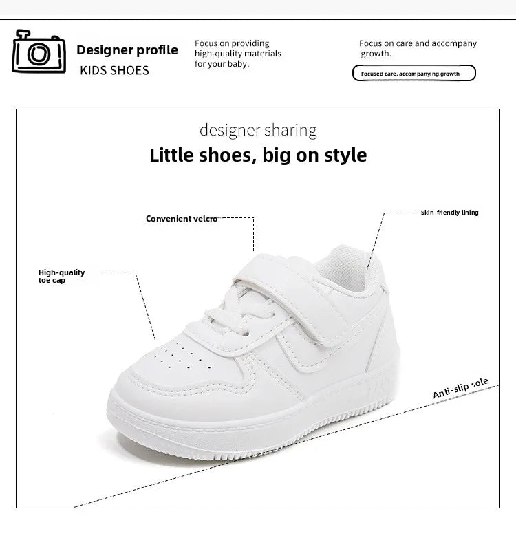 Kids White Low-Top Sneakers with Adjustable Strap, Perforated Toe and Silver Heel Detail for Boys and Girls Spring and Fall Casual Outfits