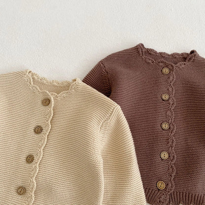 Scalloped Neck Baby Cardigan with Button Front, Textured Knit and Ribbed Cuffs, Long Sleeve Infant and Toddler Sweater in Khaki or Apricot