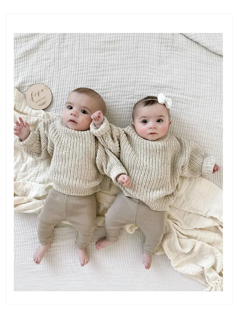 Cotton Crewneck Baby Sweater for Boys and Girls, Long Sleeve Ribbed Knit Pullover for Infants and Kids, Everyday Cool Weather Layering