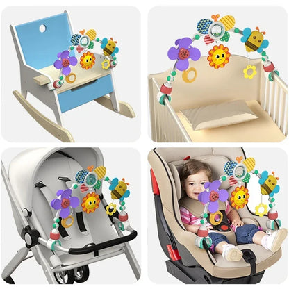 Stroller Activity Toy Arch with Colorful Hanging Play Details, Ocean or Bee Theme Clip-On Baby Play Bar for Supervised Sensory Exploration