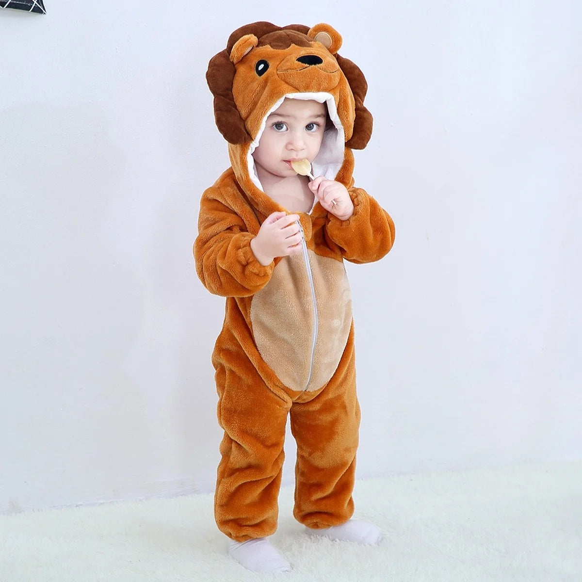 Baby Animal Hooded Costume Jumpsuit with Flannel Styling, Duck, Rabbit, Leopard and More Dress-Up Options for Boys and Girls, Sizes 70-120