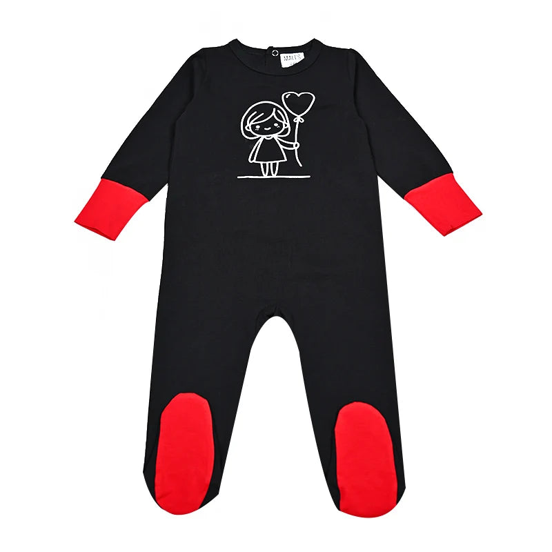Kids Matching Pajamas with Red Cuffs and White Character Graphics, Black Sibling Outfit Styles with Two-Piece Sets, Nightgown and Footie Options