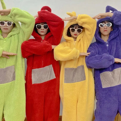 Teletubbies Hooded Onesie Costume for Kids and Adults, Soft Long-Sleeve Character Jumpsuit for Cosplay, Halloween and Family Dress-Up