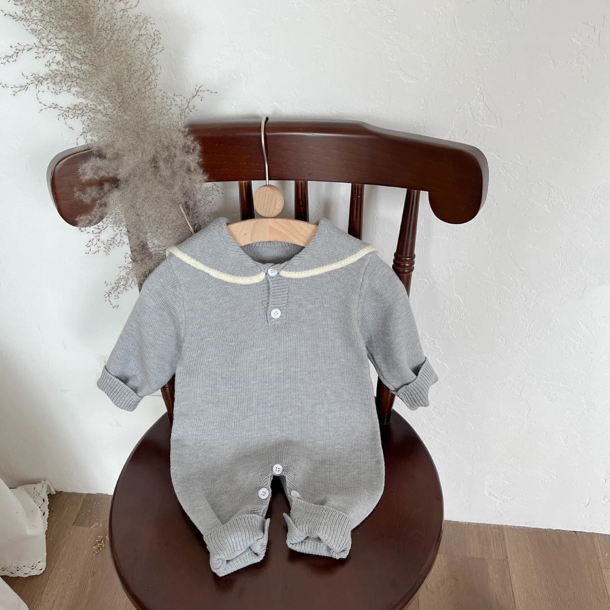 Sailor Collar Baby Knit Romper with Long Sleeves and Button Fastenings, Footless One-Piece Outfit in Gray, Stripe or Dark Blue, Sizes 66-100