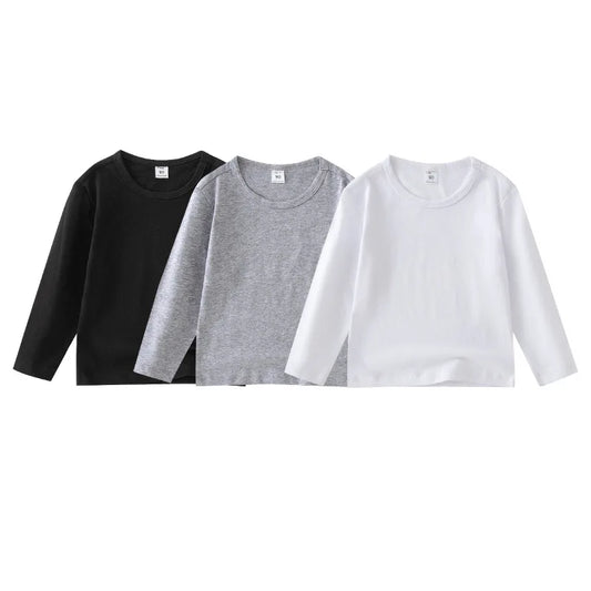 Kids Cotton Long Sleeve T-Shirt with Classic Crewneck, Solid White, Black or Gray Basic Top for Boys and Girls, Size Labels 90-150