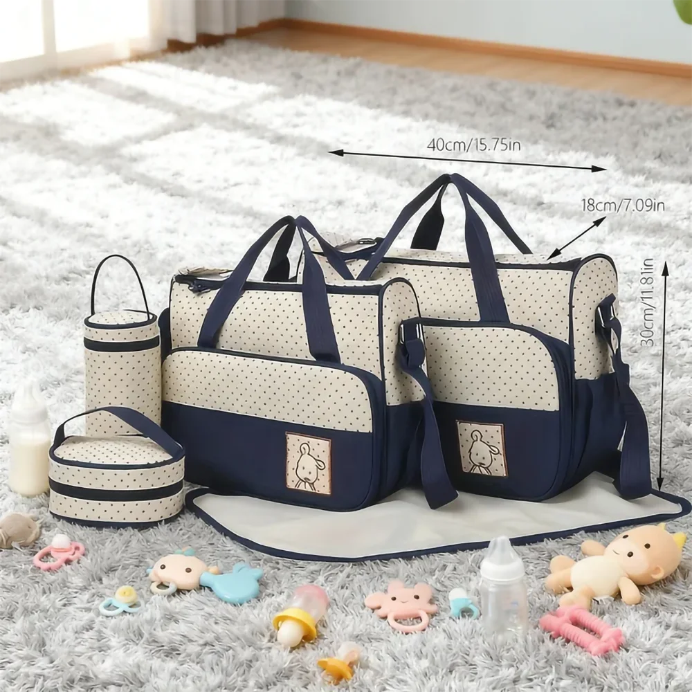Diaper Bag Set 5 Piece with Polka Dot Design, Large Mommy Tote and Coordinating Storage Bags for Baby Essentials, Daily Outings and Travel