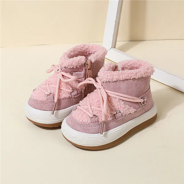 Toddler Plush Ankle Boots with Lace-Up Front, Rubber Soles and Fluffy Trim for Boys and Girls, Beige Black or Pink Cool-Weather Shoes