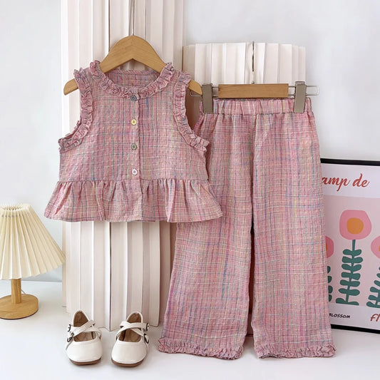 Pink Plaid Girls Two-Piece Outfit, Sleeveless Ruffle Button-Front Peplum Top and Elastic Waist Wide Leg Pants for Summer, Sizes 2T-7T