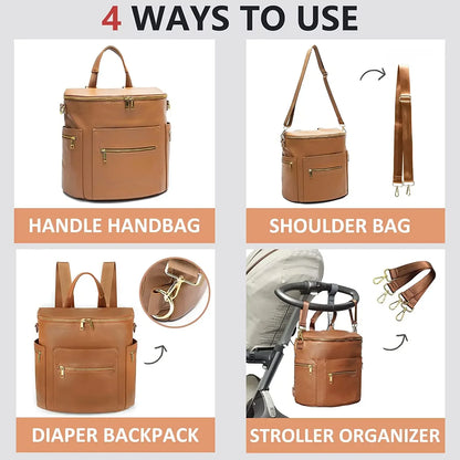 Convertible Diaper Backpack in PU Leather with Changing Pad, 11 Storage Pockets, Insulated Bottle Pockets and Shoulder Straps for Parents