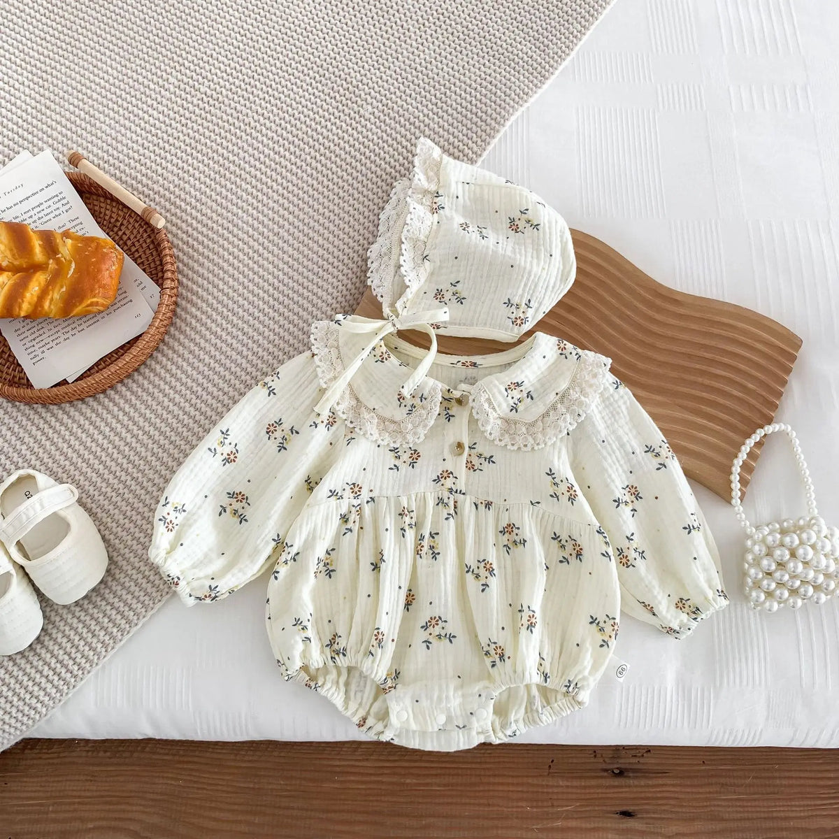Lace Collar Baby Girl Romper with Bonnet, Cream Floral Long Sleeve Bubble One-Piece and Matching Hat for Spring Photos, Sizes 66-90