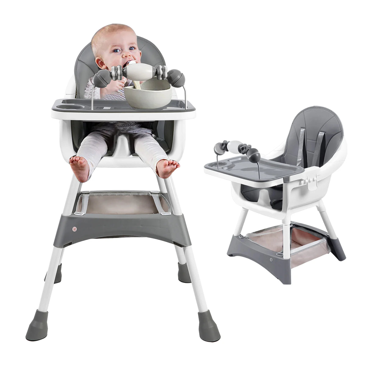 Baby Dining High Chair with Removable Double-Layer Tray, Convertible Toddler Seating with Adjustable Footrest and Toy Rack for Family Mealtimes
