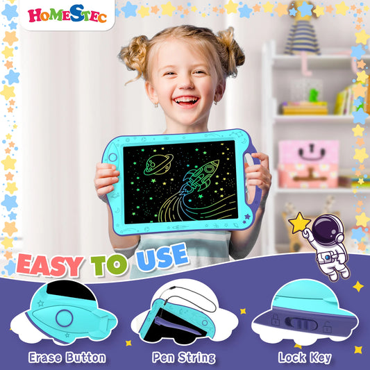 Space Doodle Board for Kids, AstroDraw Color LCD Drawing Tablet with Rocket Erase Button and Tethered Stylus for Travel, Letters and Creative Play
