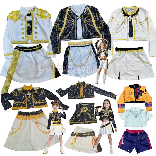 Girls Pop Idol Costume for Kids, Anime-Inspired Stage Outfit in Black, White and Gold Styles for Halloween, Birthday Parties and Cosplay