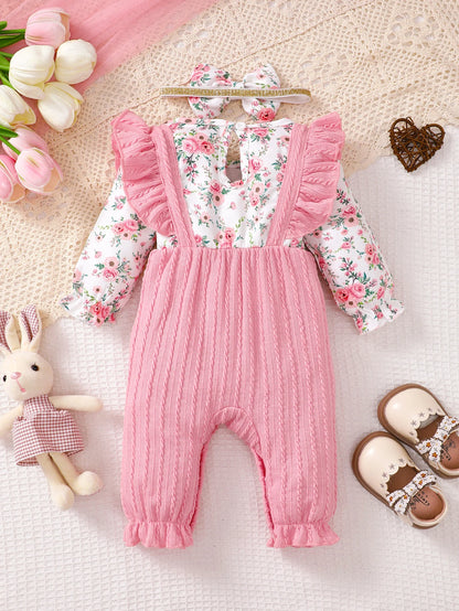 Bear Print Infant Romper with Long Sleeves and Front Fastenings, Contrast Trim and Footless Cuffs for Everyday Baby Outfits, Sizes 1-18 Months