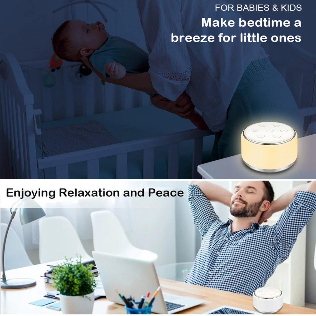 34-Sound White Noise Machine with 7-Color Dimmable Night Light, 32 Volume Levels, 30/60/90-Minute Timer and USB-C Rechargeable Battery