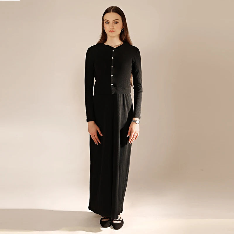 Women's Sleeveless Maxi Dress and Button-Front Cardigan Options, Black and Cream Layering Outfit for Everyday Wear, Ladies XS-3XL