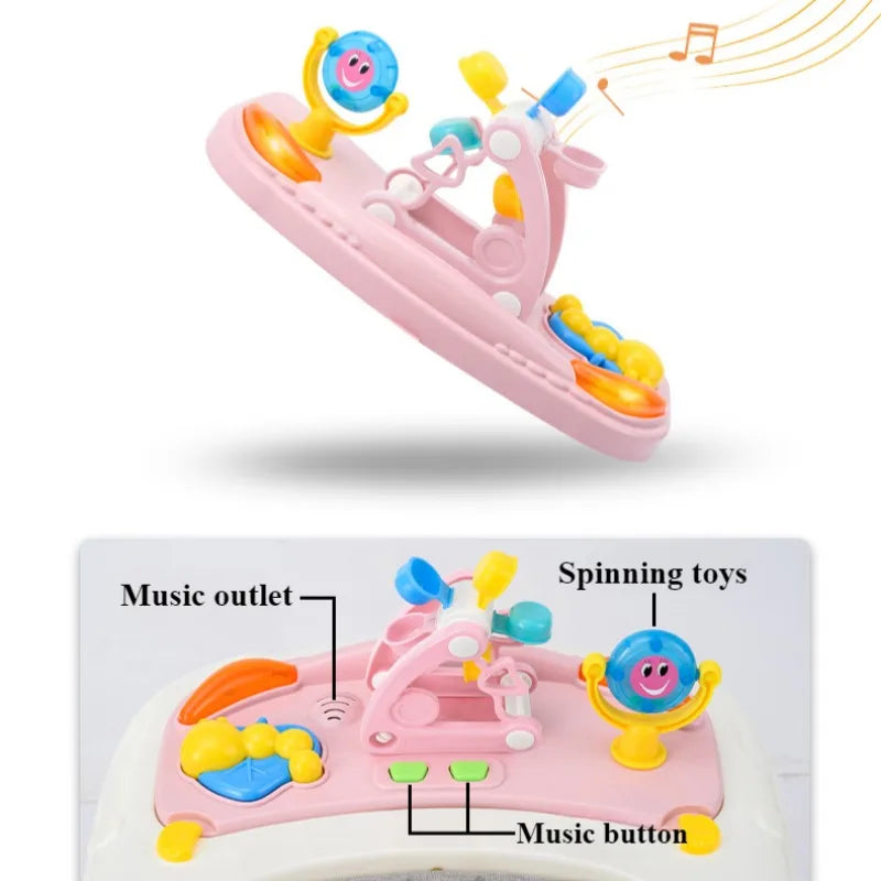 Musical Baby Walker with Spinning Toy Tray, Rear Push Handle and Foldable Frame, Three Height Positions in Pink, Green or Blue for Supervised Indoor Use