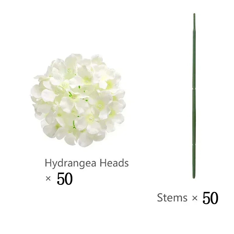 Artificial Hydrangea Flower Heads, 50-Piece Silk-Fabric Floral Set with Stem or Leaf Options for DIY Wedding Centerpieces, Baby Showers and Home Decor