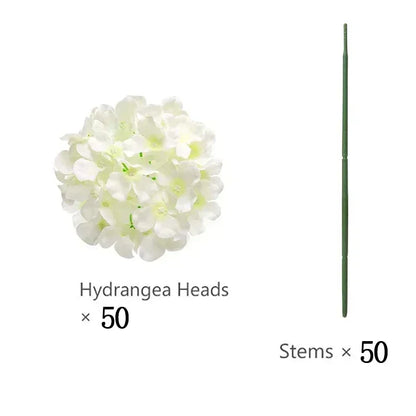Artificial Hydrangea Flower Heads, 50-Piece Silk-Fabric Floral Set with Stem or Leaf Options for DIY Wedding Centerpieces, Baby Showers and Home Decor