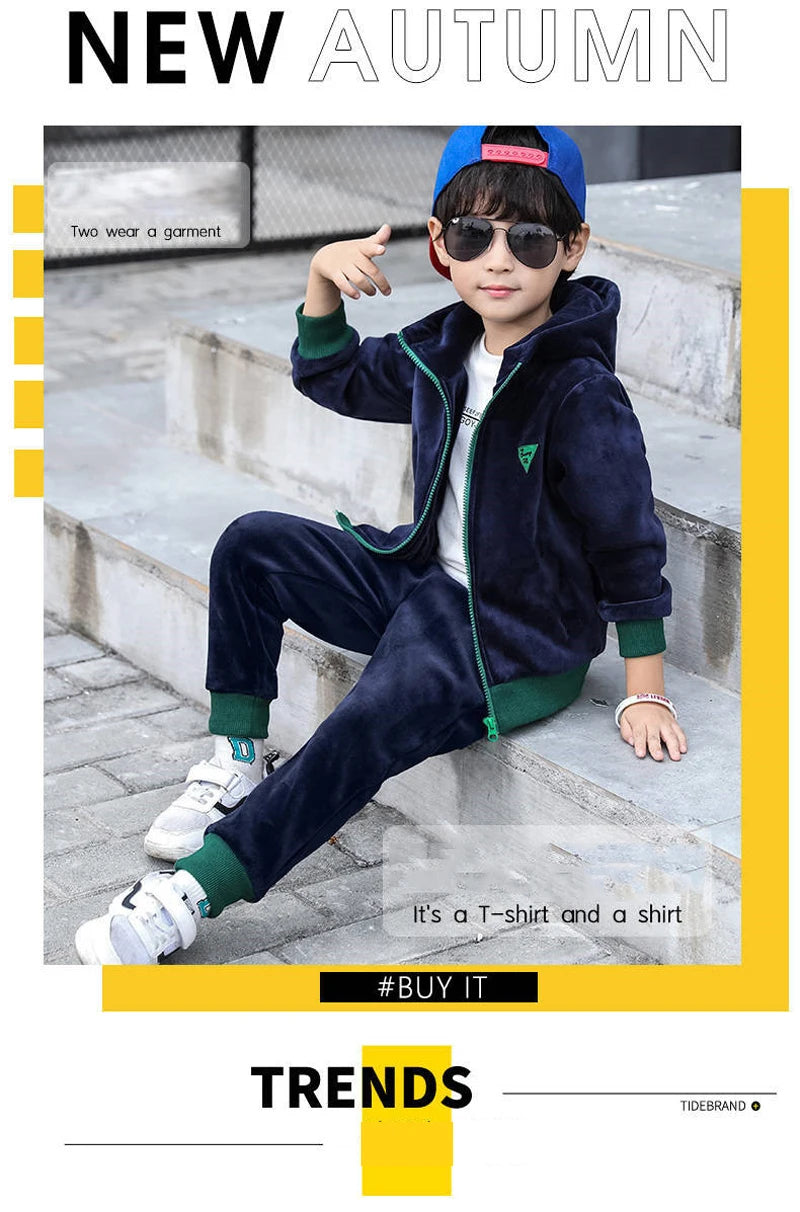 Boys Winter Tracksuit Set with Velvet-Texture Zip-Up Hooded Jacket and Matching Pants, 2-Piece Polyester Outfit for Ages 3-10