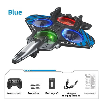 RC Fighter Drone with Lights, 2.4GHz Remote Control Foam Quadcopter in Red or Blue, Approx. 10-Minute Flight Time for Aviation Hobby Play