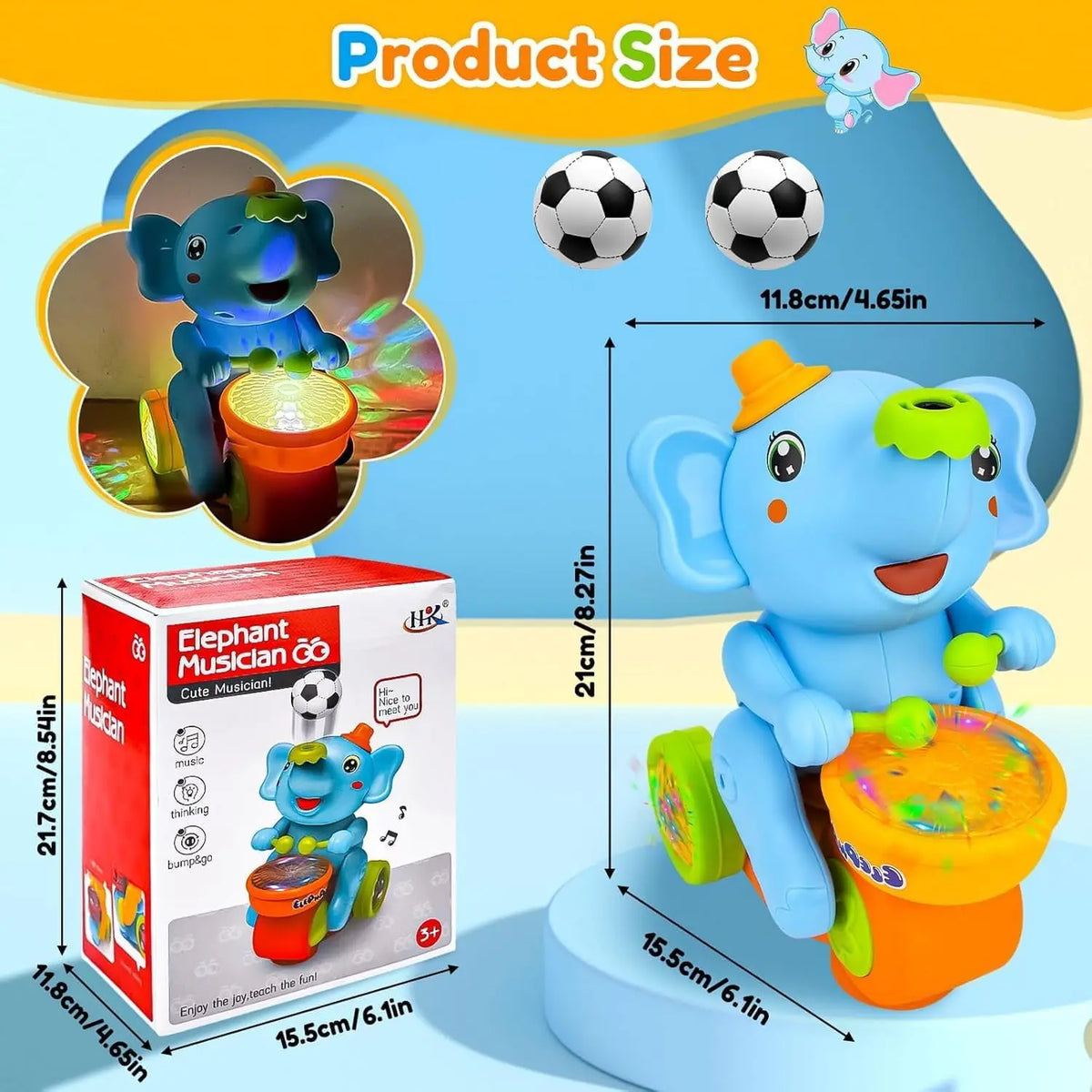 Musical Elephant Crawling Toy with Walking Action, Floating Ball, LED Lights and Drum Sounds for Supervised Baby Floor Play and Gifts