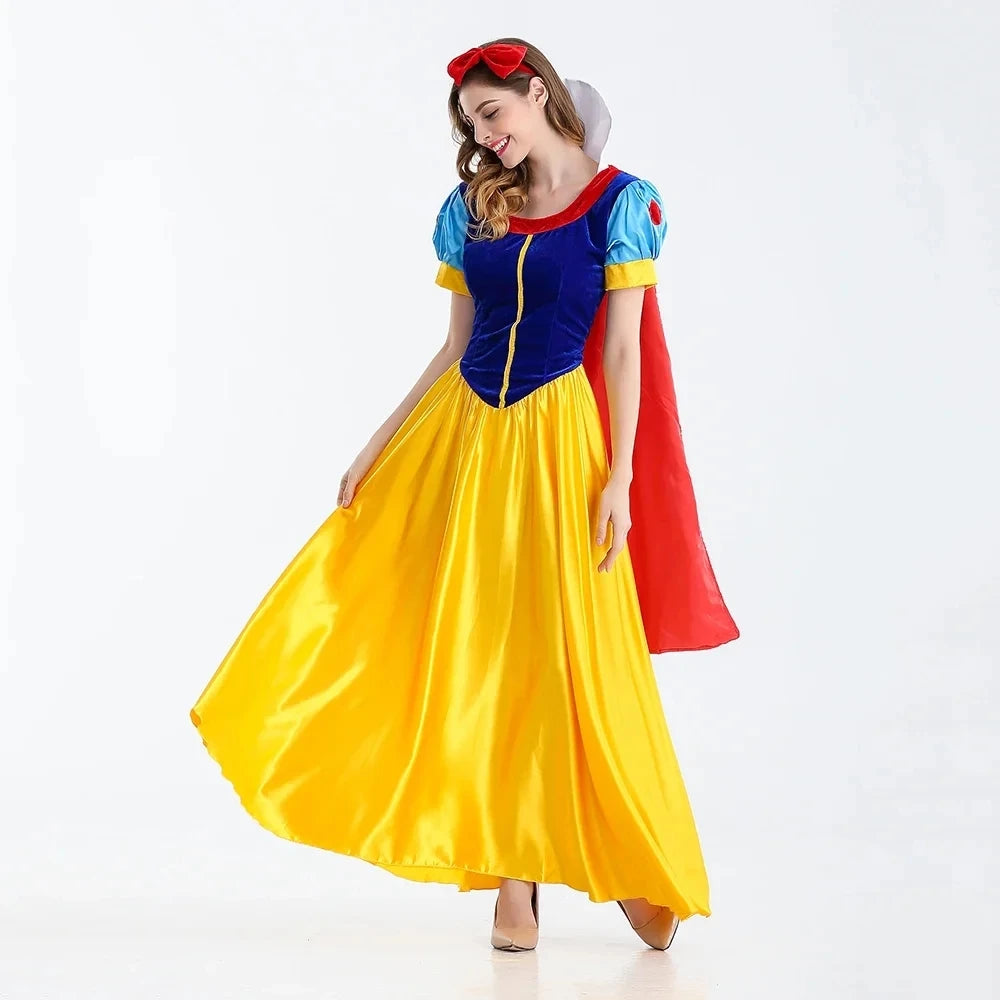 Snow White Costume for Women with Blue Bodice, Yellow Long Skirt and Puff Sleeves, Adult Princess Dress for Halloween and Fairy Tale Cosplay