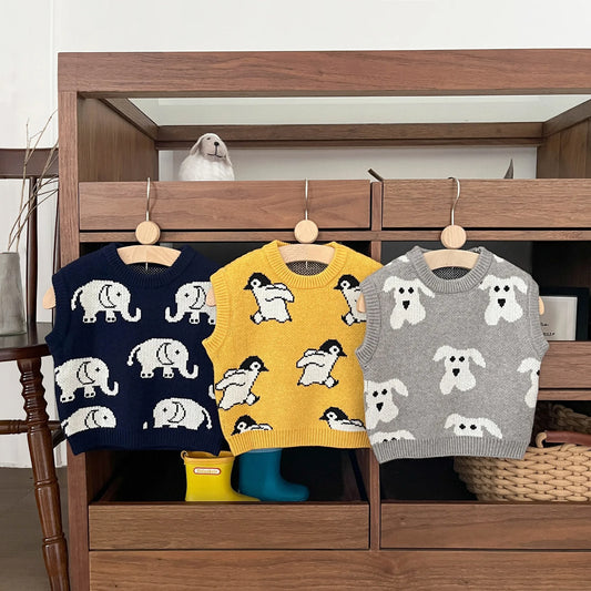 Animal Pattern Boys Sweater Vest with Crew Neck and Ribbed Trim, Sleeveless Knit Layering Top in Gray or Navy for Spring and Fall Outfits