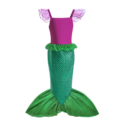 Mermaid Costume Dress for Girls with Purple Bodice, Green Scale-Pattern Skirt and Fishtail Hem for Birthdays, Halloween and Princess Dress-Up