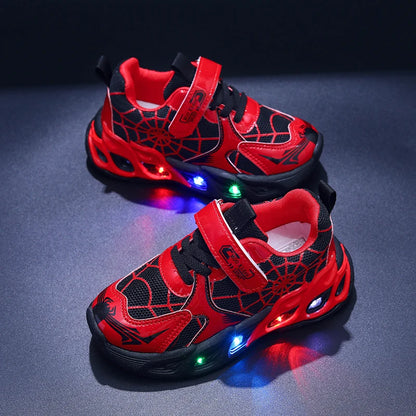 Motion-Activated Light-Up Sneakers for Kids, MGO Breathable Mesh Shoes with Spider-Web Pattern and LED Soles in Red, Blue or Black