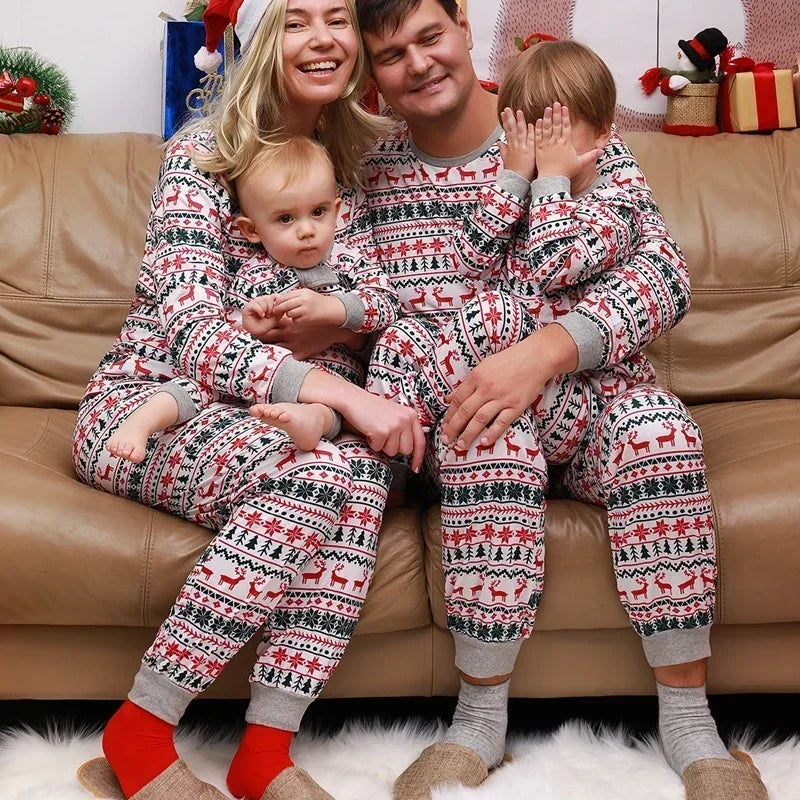Matching Christmas Pajamas for Family, Festive Allover Print Mom Dad Kids Two-Piece Outfits and Baby Romper for Holiday Photos