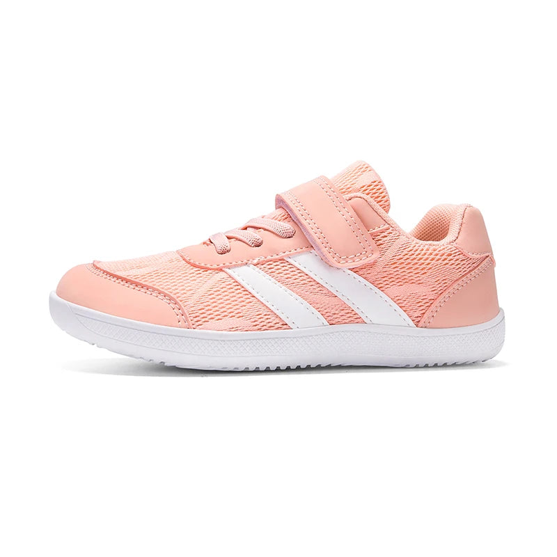 Kids Wide-Toe Mesh Sneakers with Adjustable Hook-and-Loop Strap, Contrast Side Stripes and Low-Top Casual Style in Pink, Black or Blue