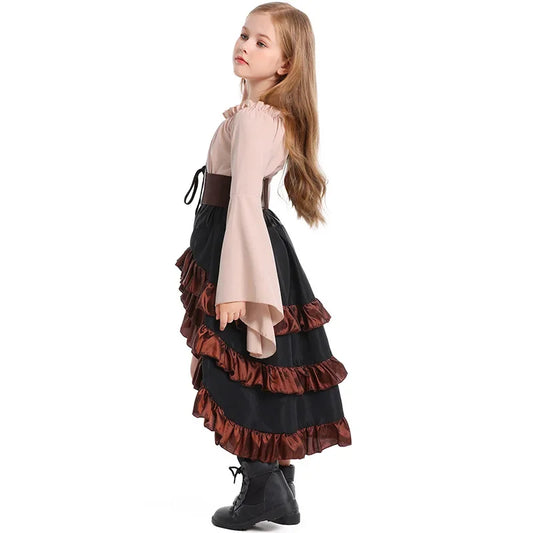 Girls Pirate Costume Set with Bell Sleeve Blouse, High-Low Skirt, Head Scarf and Lace-Up Waistband for Halloween and Dress-Up Parties