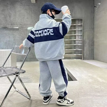 Colorblock Boys Tracksuit with Stand-Collar Zip-Up Jacket and Matching Jogger Pants, Gray or Navy Two-Piece Casual Outfit for Ages 4-12