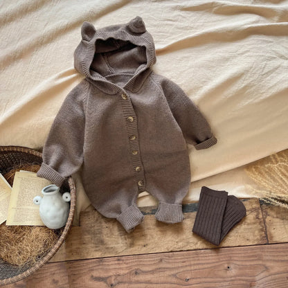 Round Ear Hooded Baby Knit Jumpsuit with Button Front and Ribbed Cuffs, Footless Spring and Fall Romper in Brown, Light Grey or Dark Grey