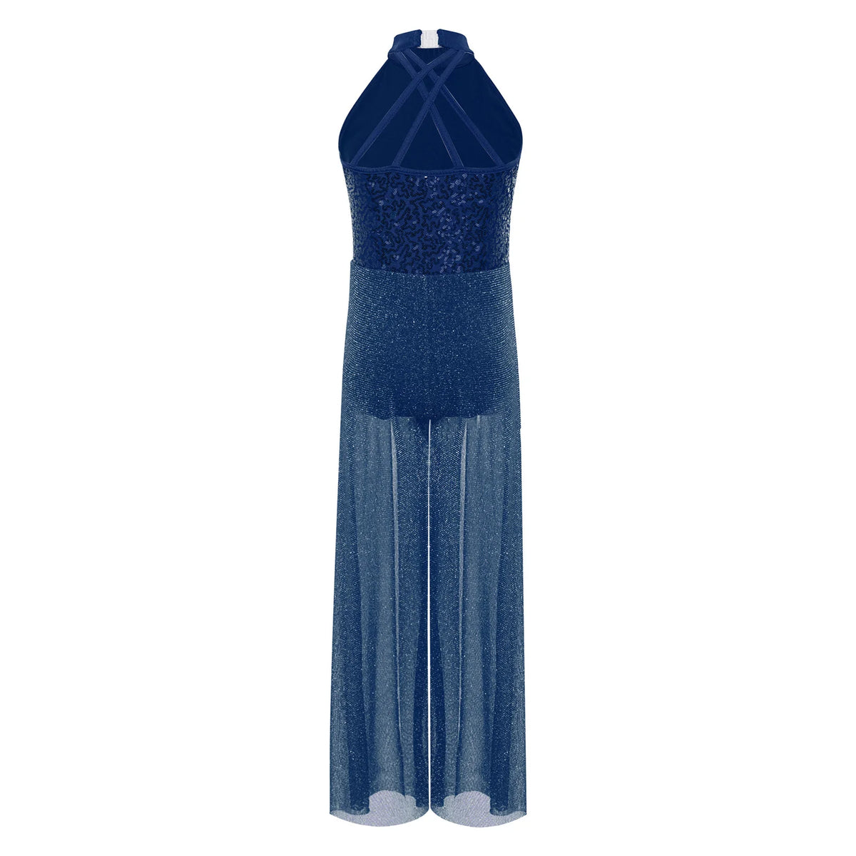 Girls Sequin Dance Jumpsuit with Split Wide-Leg Mesh, Sleeveless Mock Neck and Crisscross Back for Lyrical Recitals and Stage Performances