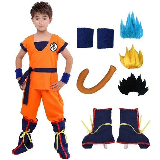 Son Goku Halloween Costume for Children and Adults, Orange Anime Dress-Up Suit in Polyester with 6/8/9-Piece and Wig Selection Options