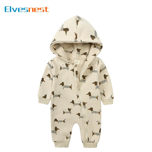 Baby Cartoon Print Zip Romper with Hood, Cotton Long Sleeve Footless Jumpsuit for Boys and Girls, Spring and Fall Outfits, 3-24 Months
